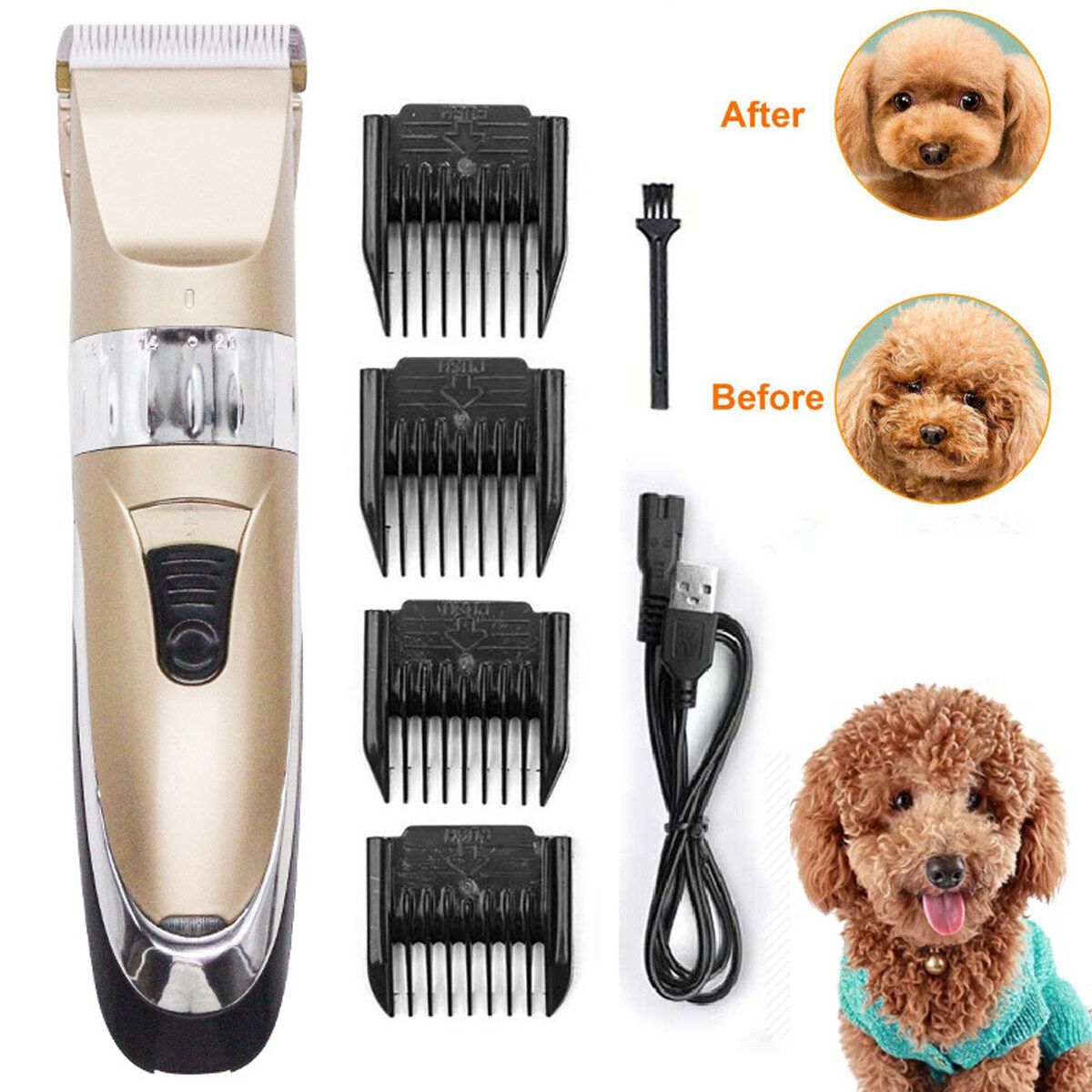 Professional USB Rechargeable Dog Grooming Clippers Cordless Pet Clippers Hair Trimmer With Li-ion Low Noise Electric Dog Hair Machine Kit With 3/6/9/12mm Comb Guide Pet Grooming Kits