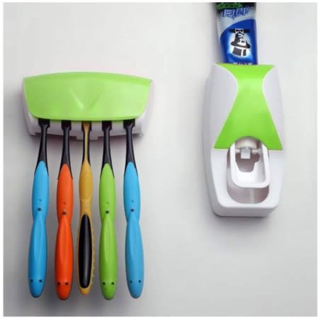 Tooth Paste Dispenser And Toothbrush Holder - Green