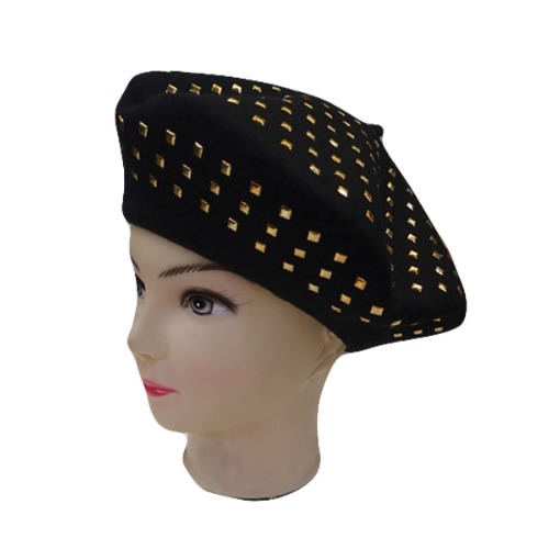 Wool Felt Beret With Golden Studs - Black