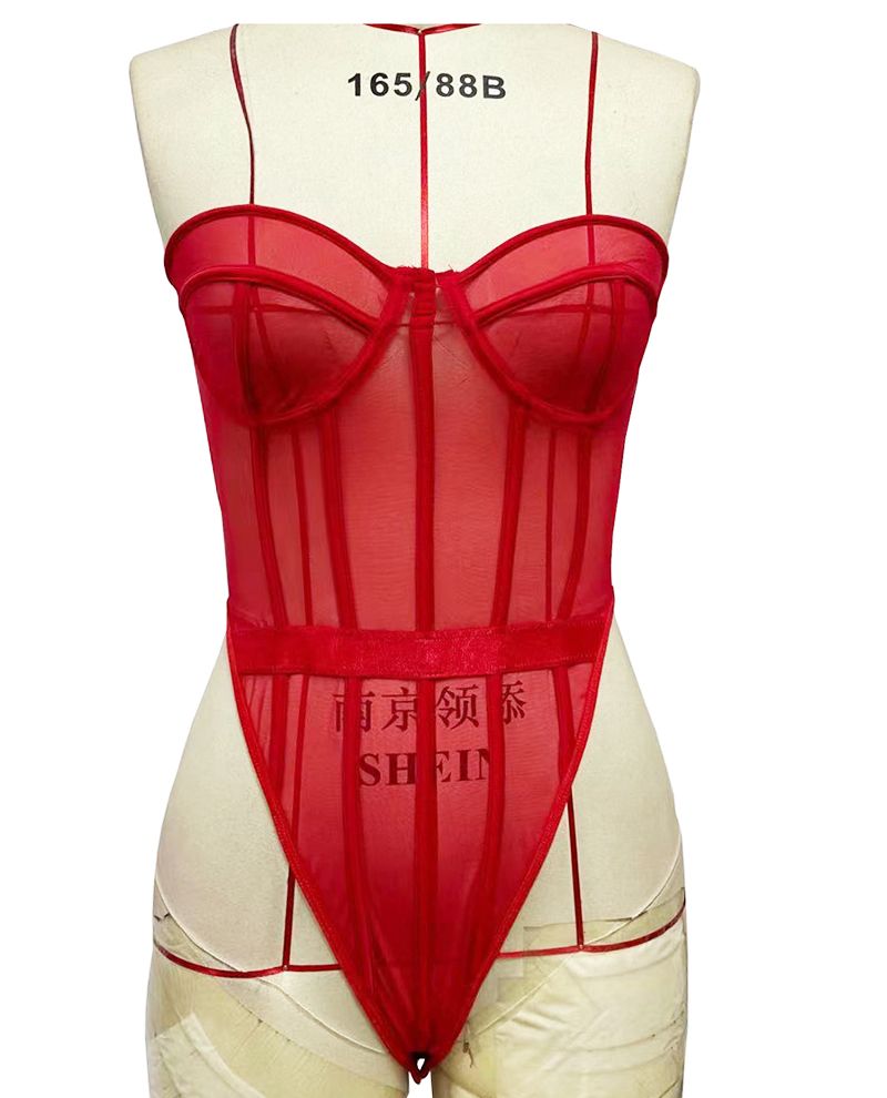 Women Open Crotch Bodysuit Y Lingerie Transparent Mesh Tight Erotic Nightwear Deep V Teddy Babydoll Outfit Backless Red BA