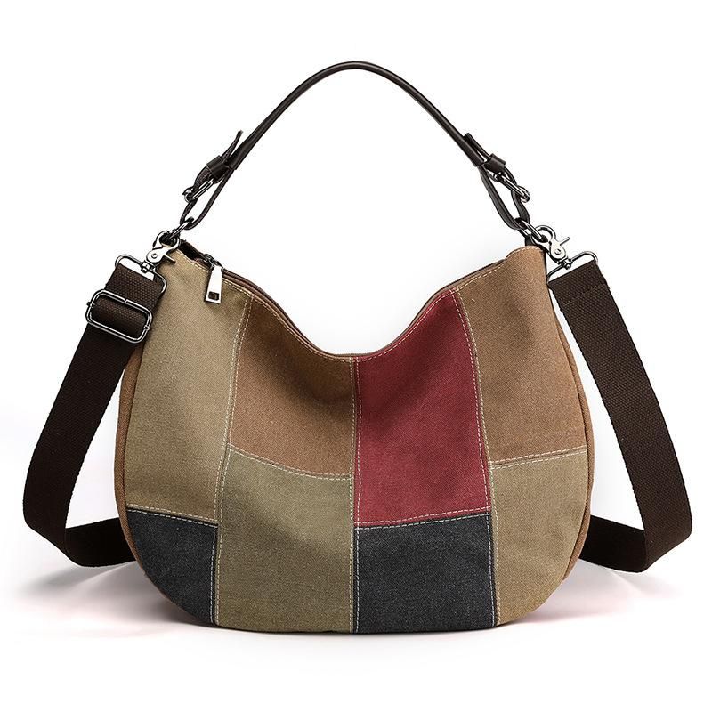 New retro splicing handbag 2021 fashion shoulder Messenger bag Ladies large capacity canvas hit color women's bag brown