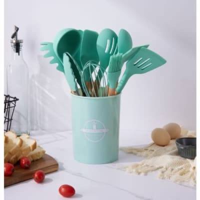 Wooden Handle Silicone Non Stick Spoon - Set Of 11