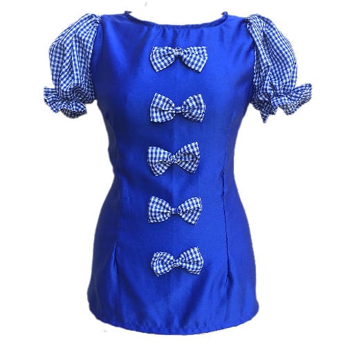 Shopadaa - Top With Puffy Checkered Plaid Short Sleeve And Bow - Blue And White Blouse