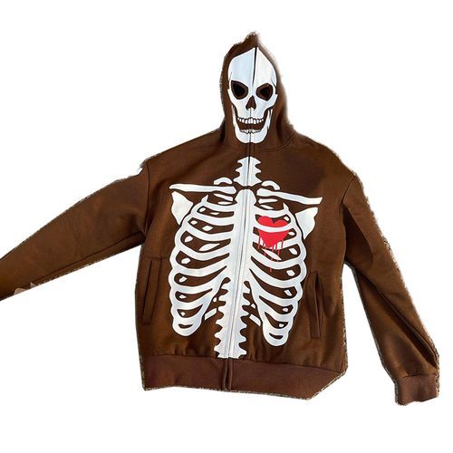 Halloween Skull Human Skeleton Print Long Sleeve Hooded Men's Sweatshirt-brown