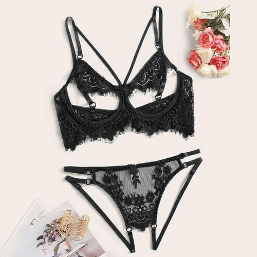 Women Bra Panty Rose Floral Pattern Halter Bodysuit