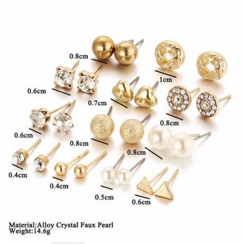 12 Pairs Stud Earring Set - Gold