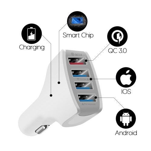 3.0 Quick Charge 4-usb Port High Power Car Charger - White
