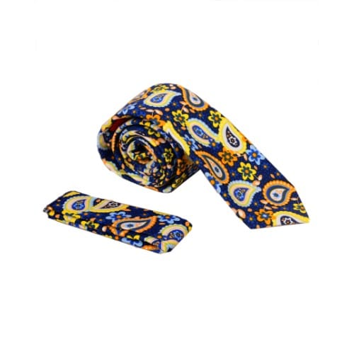 Perfectionist - Scalloped Paisley Men Tie And Pocket Square- Blue & Yellow