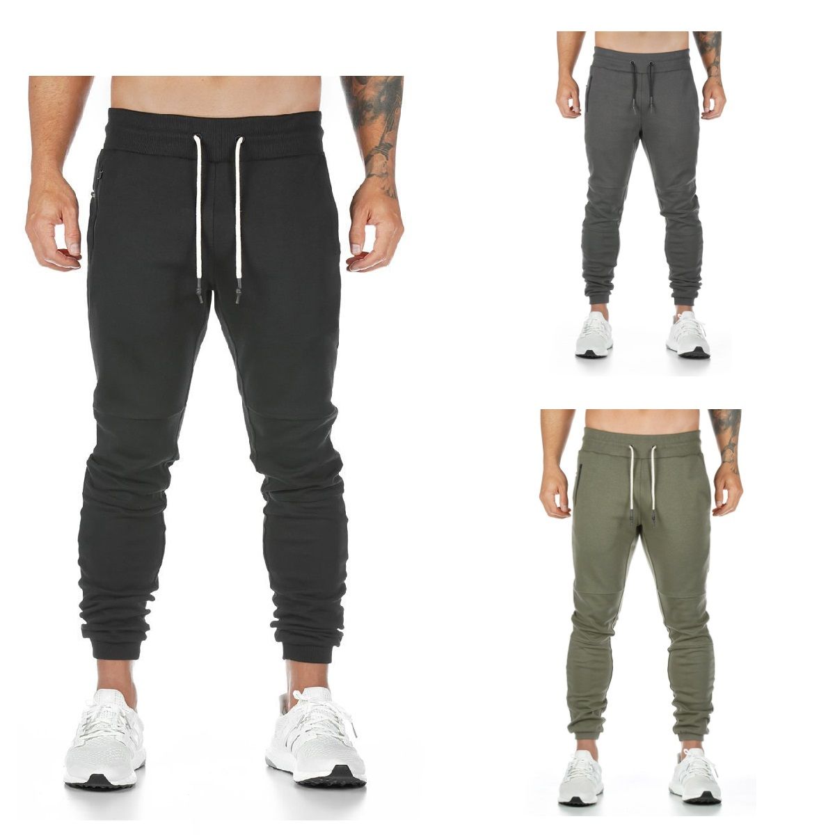 3pcs Men's Track Pants-Light Grey, Black, Green
