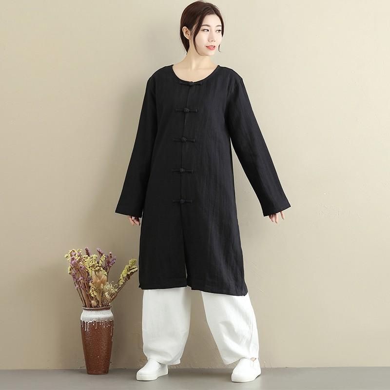 Vintage Women Outerwear Solid Color Cotton Frog Buttonhole Loop Side Split Round Neck Long Sleeve Oversized Tops