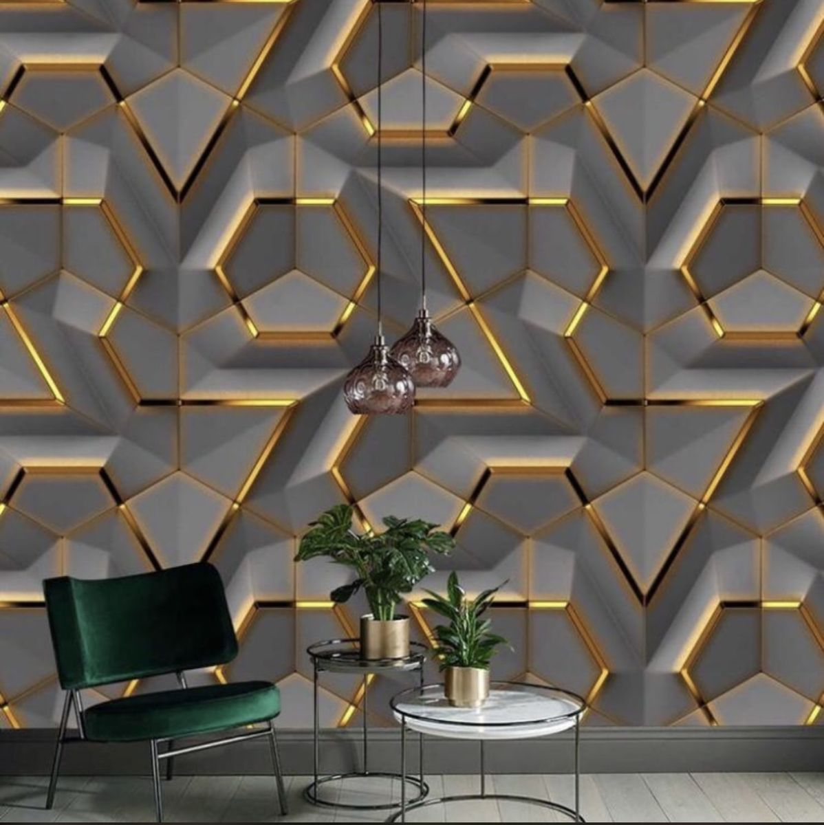 Adore Decor Grey And Gold Geometric Design 3D Wallpaper