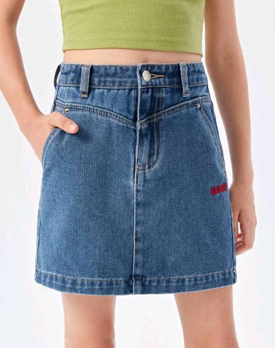 Shein Girls Letter Embroidery Straight Denim Jeans Skirt - Blue