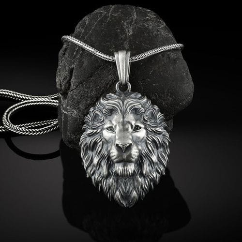Metal Lion Head Pendant Necklace - Silver