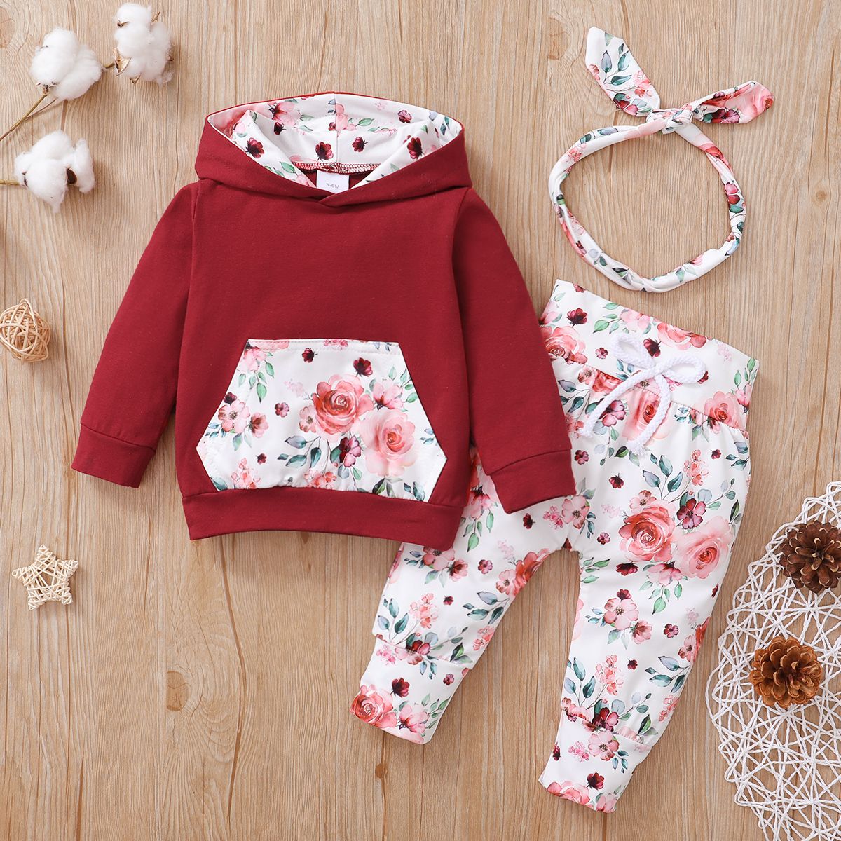 Baby Girls Long Sleeves Rose Floral Hoodie With Pants -Red