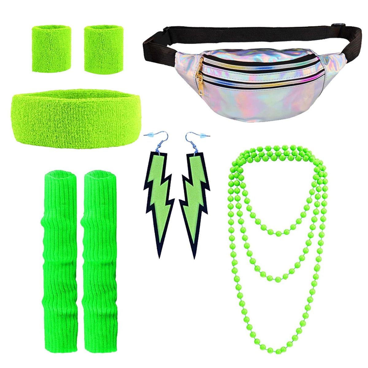 1 Set Exercise Sportswear Sweatband Headband Wristband Waist Bag Set Fluorescent Green