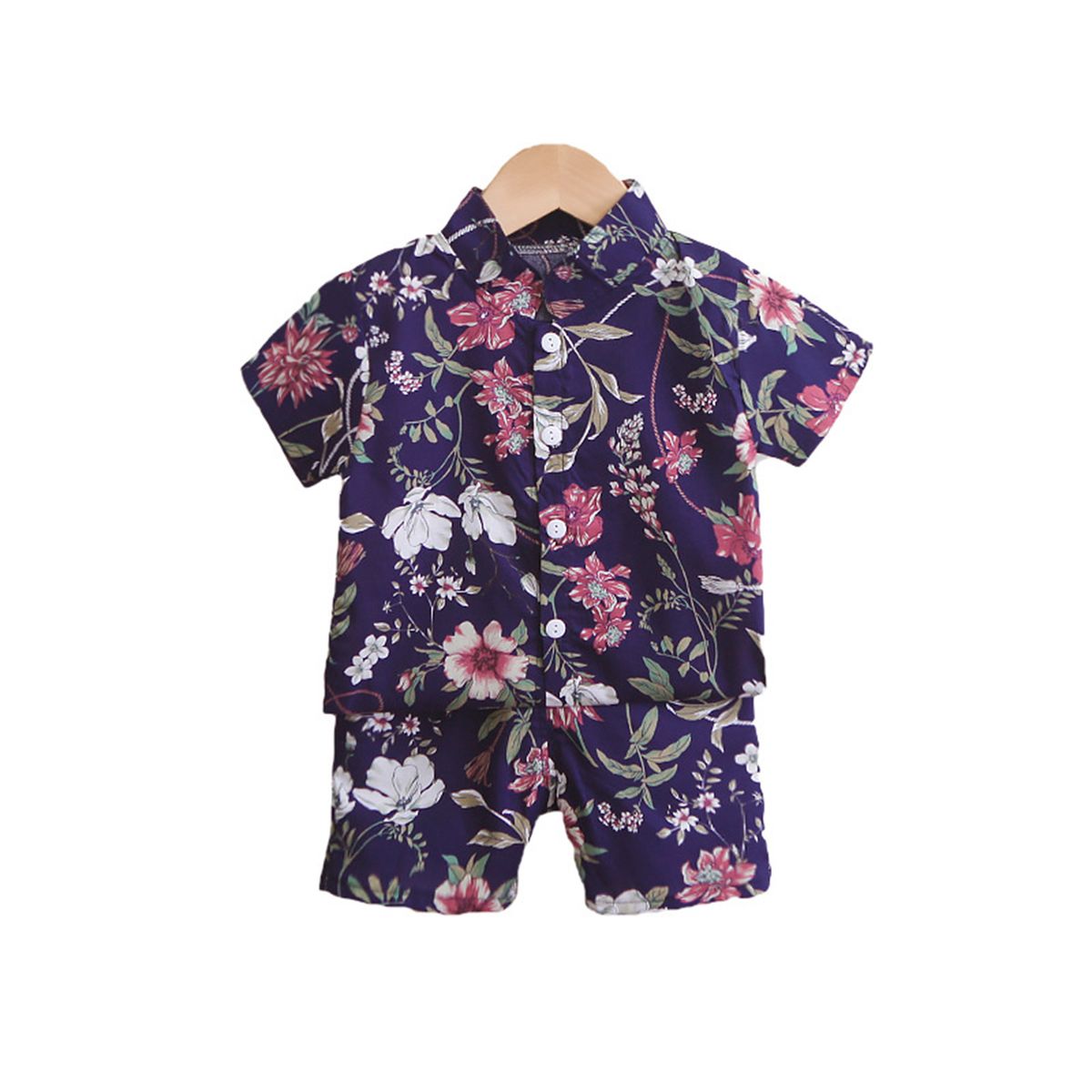 Boys Outfit Full Print Short Sleeve Summer Lapel-Navy Blue