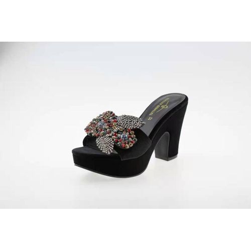 Ladies Fashion Mid Heel Slippers With Multi Glittery Stones-Black