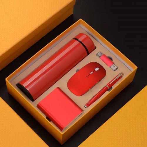 Corporate Gift Set With Powerbank -  Pen - Flashdrive - Mouse & Temperature Flask - Red
