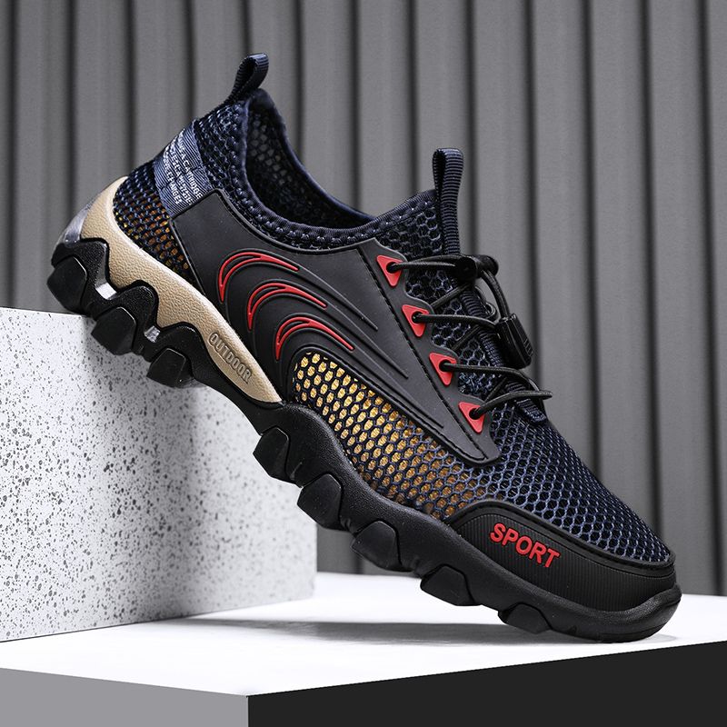 Outdoor Hiking Shoes Men Sneakers Top Quality Size 45 46 Summer Breathable Mesh+Leather Trekking Mountain Climbing Shoes For Men Sport Shoes Quick-dry Water Shoes Male Durable Non-slip Training Sneakers Blue