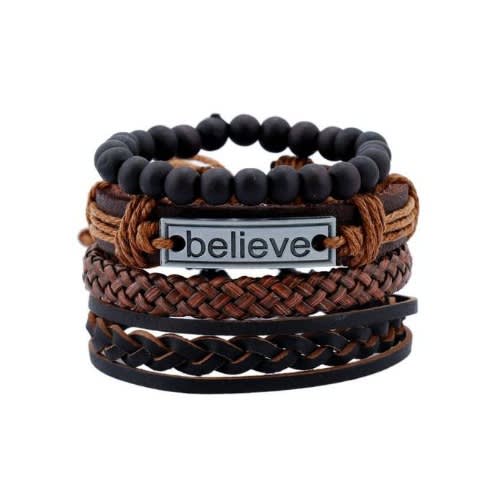 Men&rsquo;s Wristband Leather Believe Bracelet - Brown
