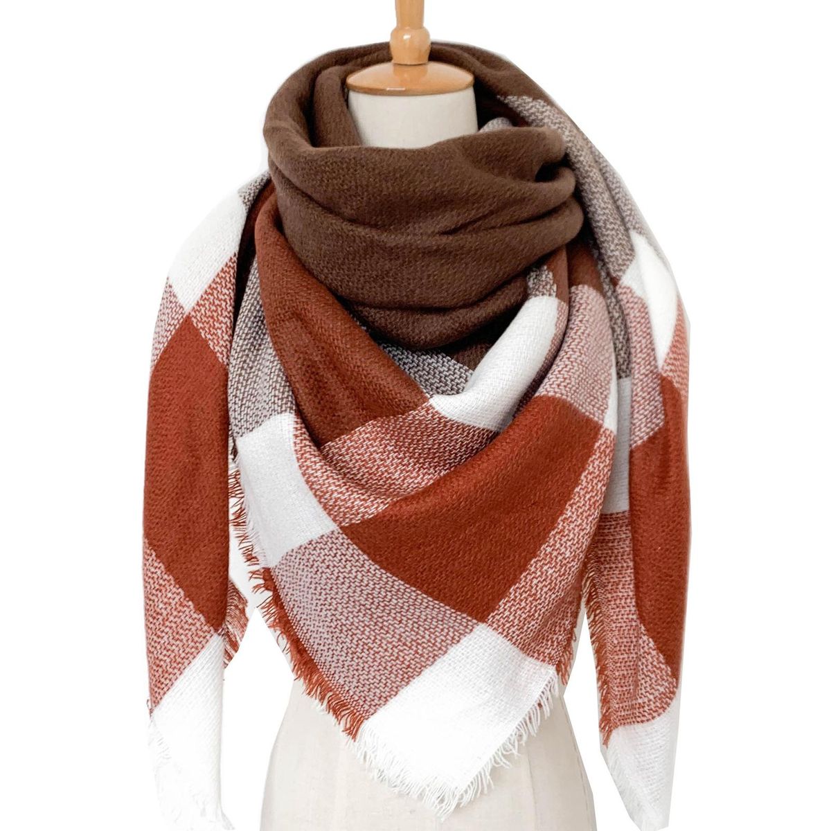 Shawl Wrap Classic Plaid Square Large Size-Coffee