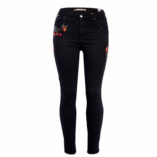 Rose Embroidered Skinny Jeans - Black
