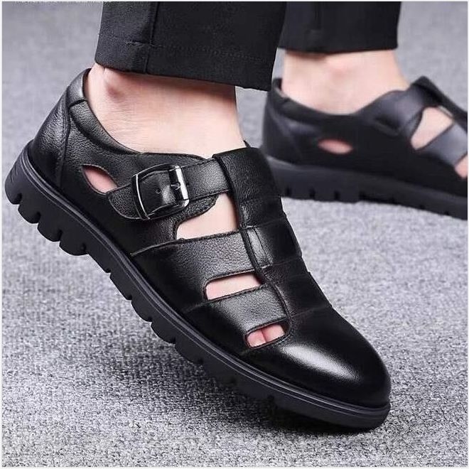 Men's Palm Sandals Leather Shoes Comfortable Soft Sole Casual Black
