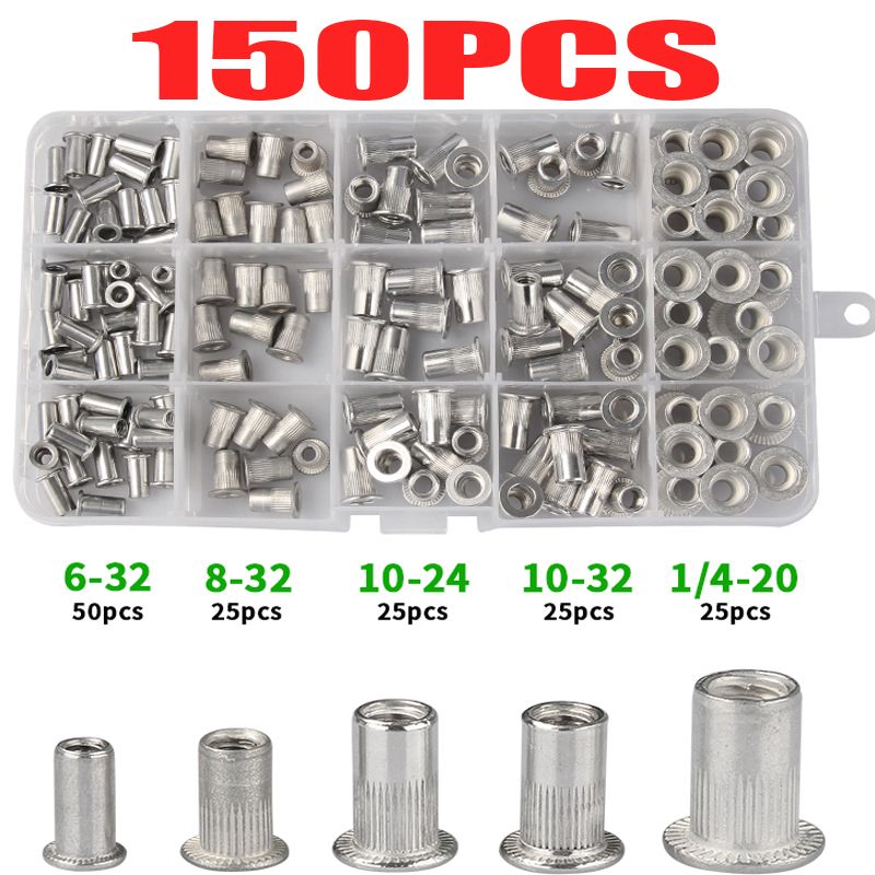 150pcs Aluminum Rivet Nuts Kit Rivnut Standard Imperial Rivet Insert Nutsert Cap Rivet Nut 1/4-20 10-32 10-24 8-32 6-32