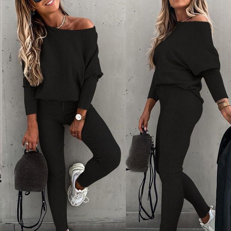 2023 Solid Color Fashion Casual Lace Up Oblique Shoulder Sports Pants Long Set Women-5002