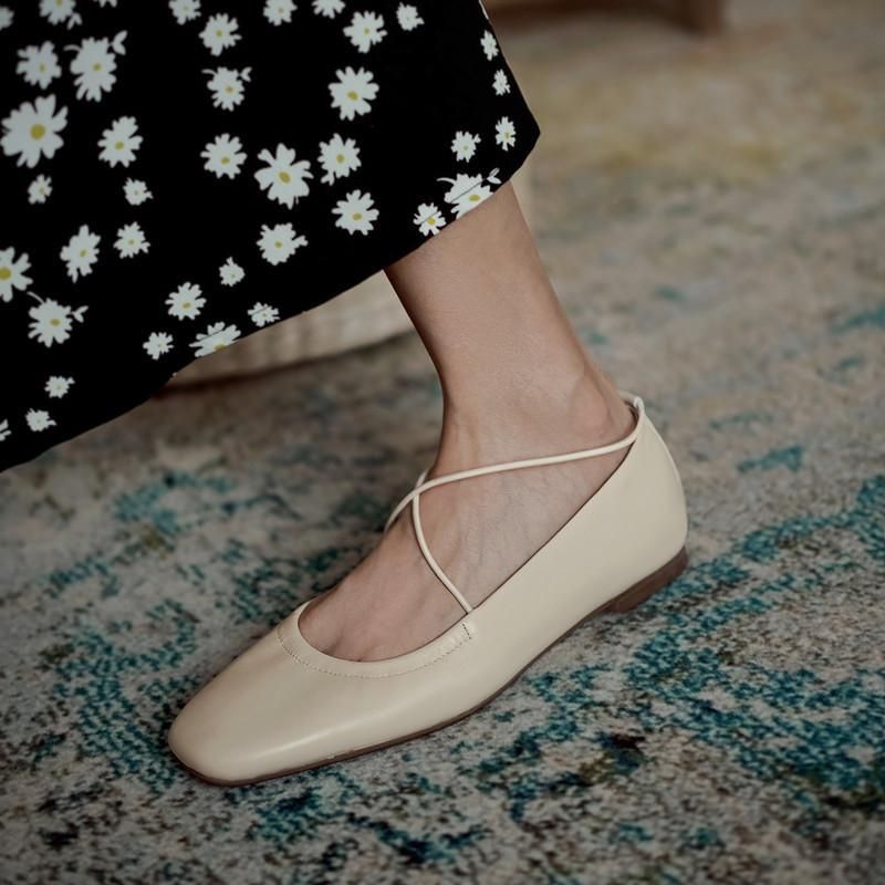 Spring and summer new cow leather small fresh cross with shallow soft sole single women's flat