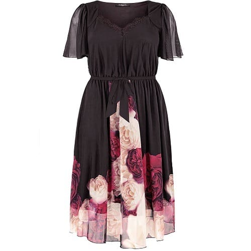 Black Rose Border Angel Sleeve Midi Dress