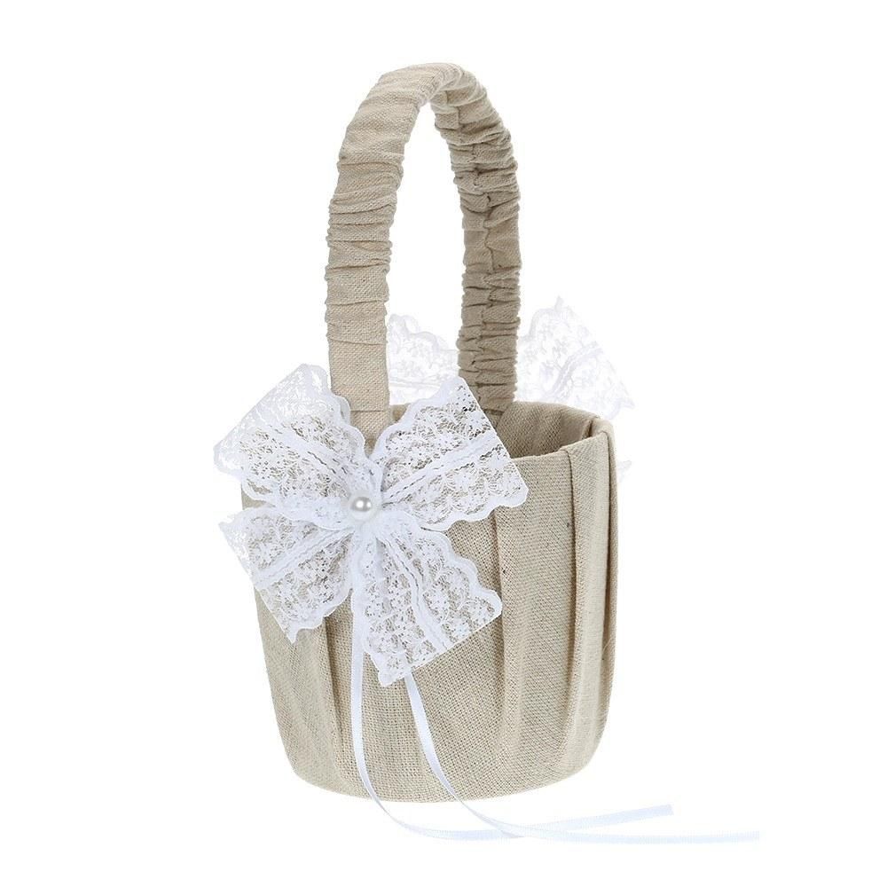 Wedding Flower Girl Basket Vintage Burlap Lace Bowknot Flower Basket Wedding Basket