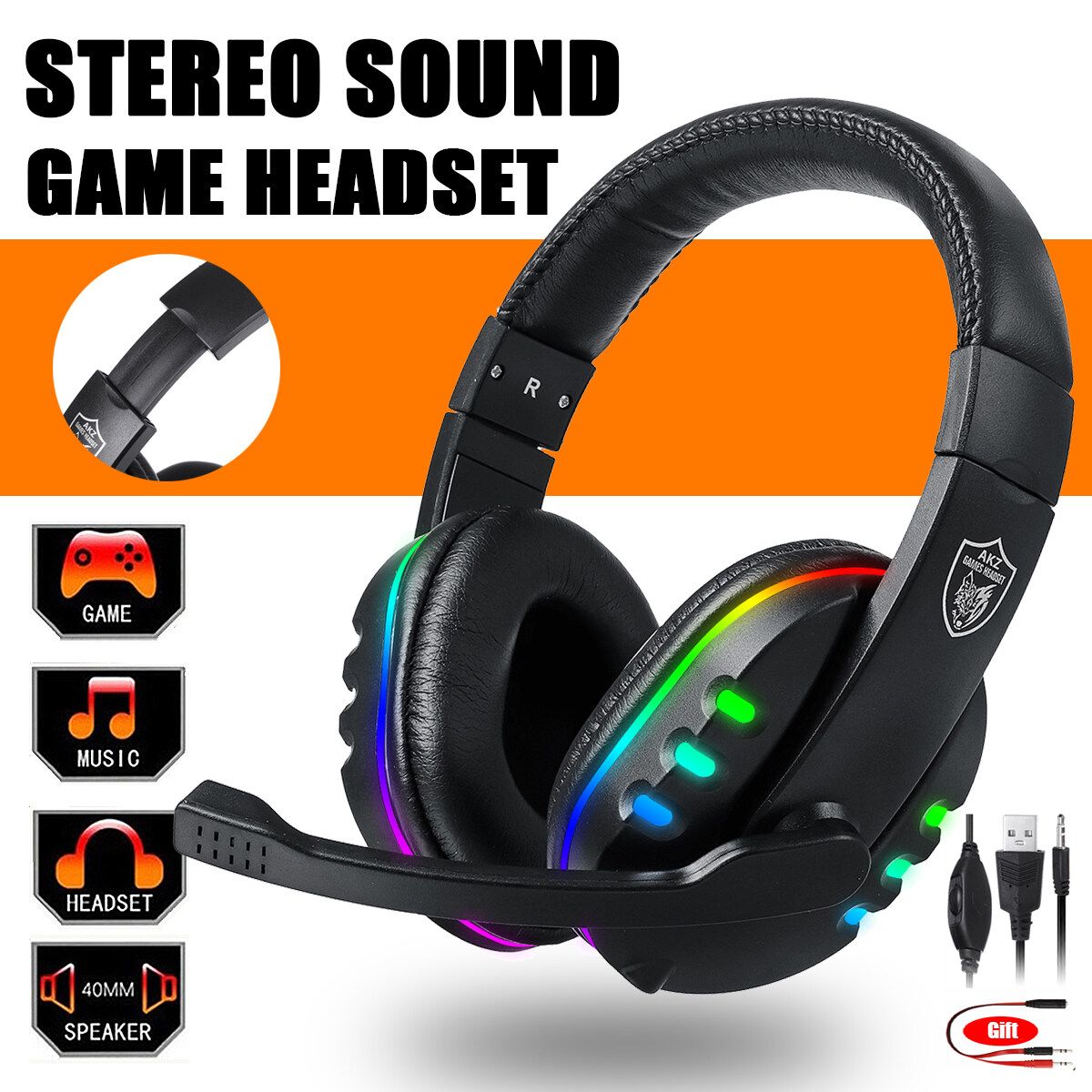 3.5mm Wired Gaming Headset PC Laptop RGB LED Gaming Headphones With Mic 27x21.5cm Black