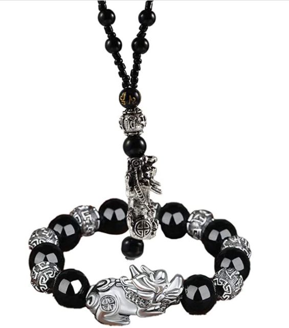 Mens Feng Shui Black Obsidian Wealth Bracelet Necklace Set
