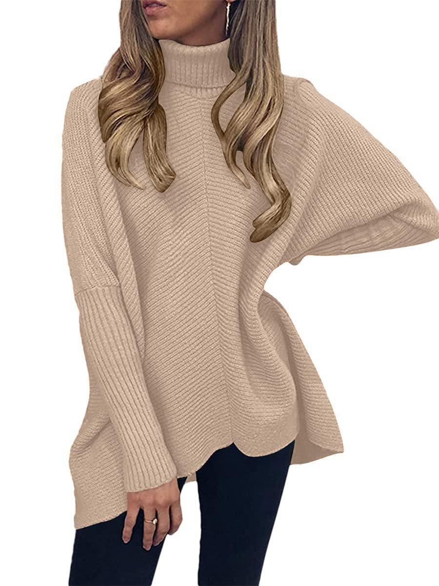 2022 autumn and winter new high-necked bat sleeve irregular hem long-sleeved pullover solid color