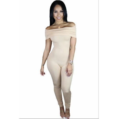 Emfed Form Fitting Off Shoulder Jumpsuit - Nude