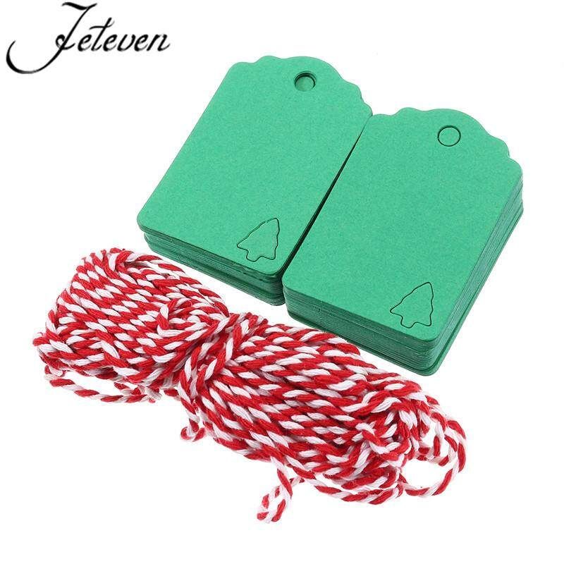 100 Pieces Of Christmas Tree Hollowed-out Card Kraft Paper With A 10m Cotton Cord 6.5 * 4.5cm Green Green