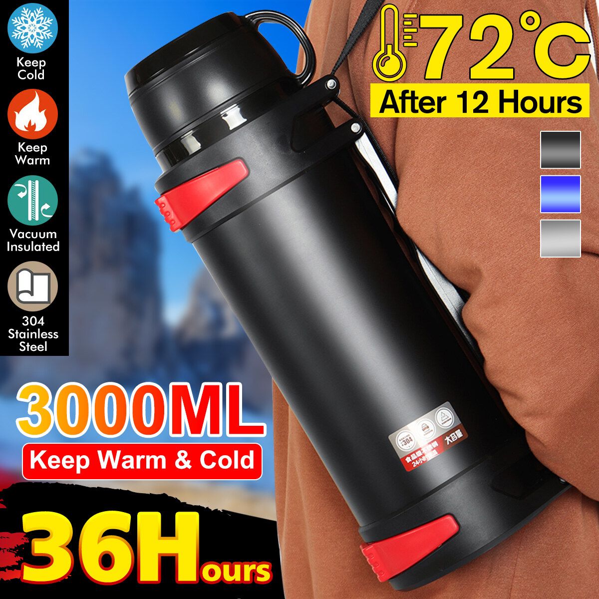 3000ML Large Capacity 36H Keep Hot & Cold Coffee Tea Soups Water Bottle Cups Mug With Carrying Strap Stainless Steel Thermos Flask Double Wall Stainless Steel Vacuum Flask Insulated Cup Portable For Travel Outdoor Kids Student Adult Blue