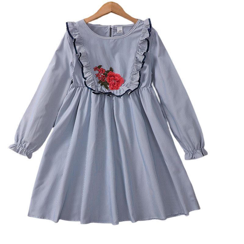 5-13 Years Kid Girl Dress/Rose Embroidered Crew Neckline Blue Long Sleeved Dress