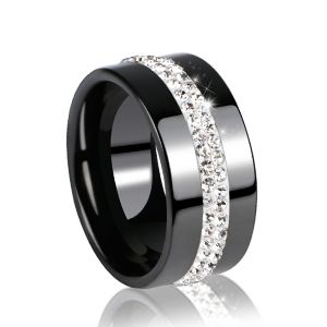 Women Two Row Crystal Jewelry Ceramic Rings, Ring Size:9(Black)