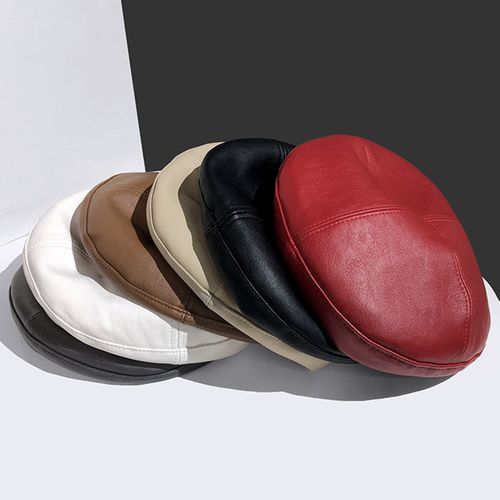 Women Hat Solid Color Vintage Chain Faux Leather-White