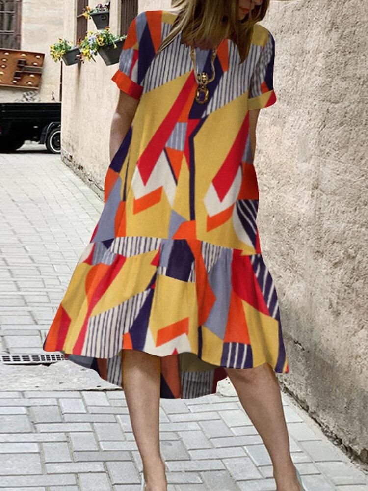 100% Cotton Geometric Printed Casual Loose Dress With Side Pockets For Women