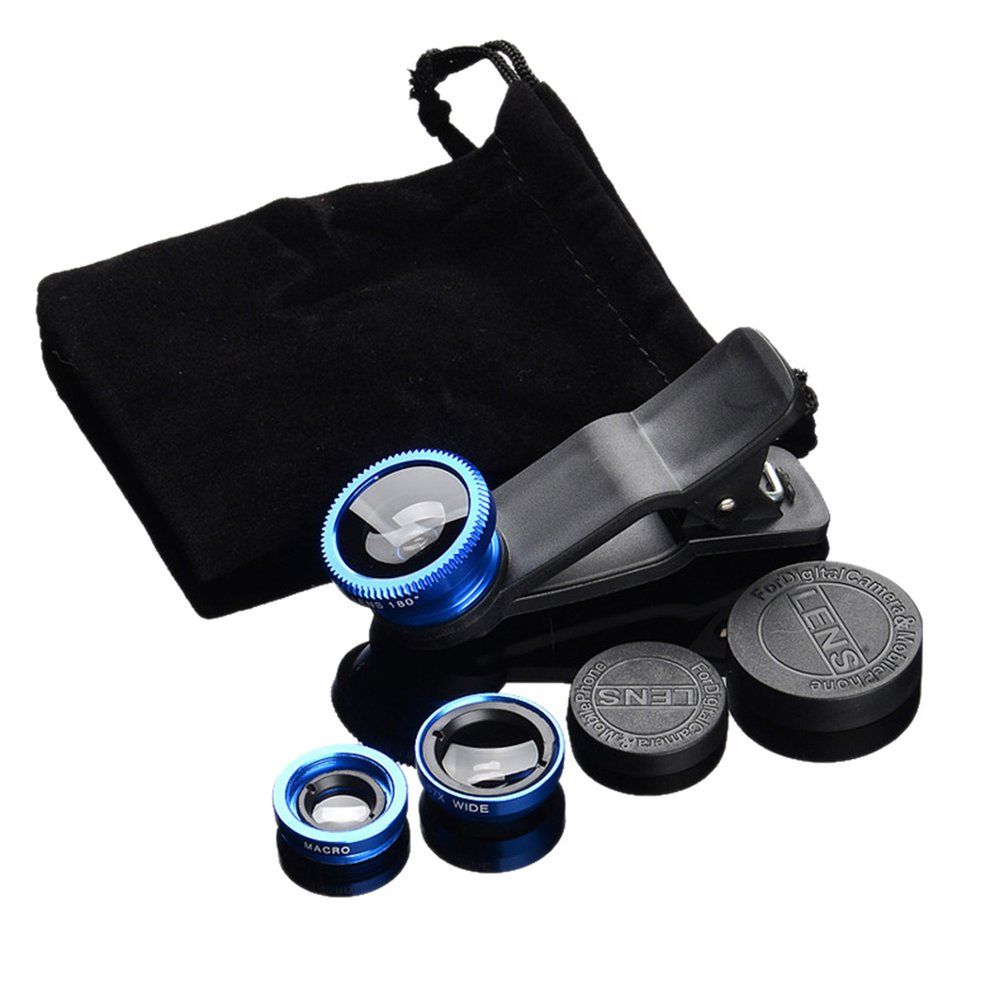 3 In 1 Fish Eye+Wide Angle+Macro Clip On Camera Lens Set For Mobile Phone Blue Black
