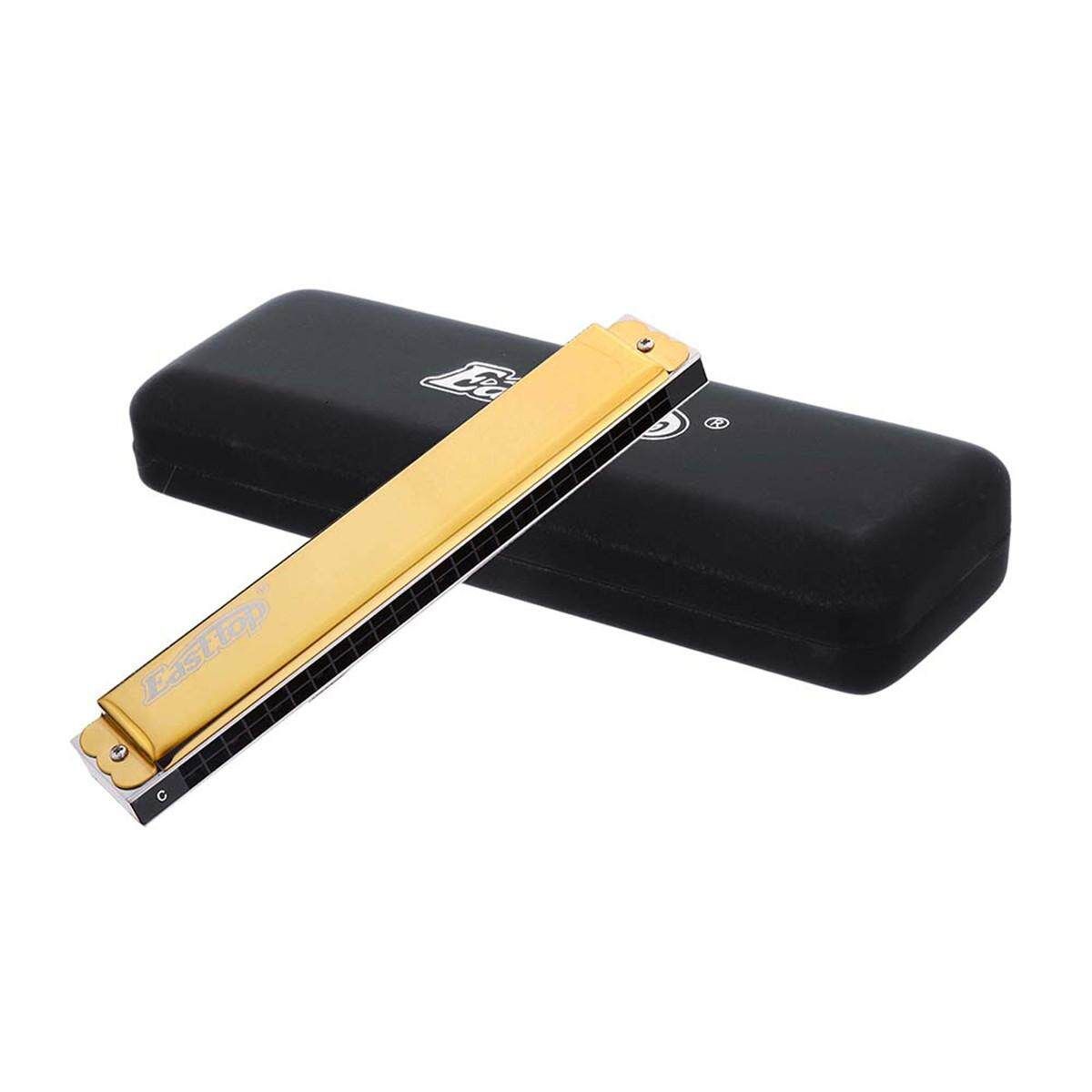 Easttop T008K 24 Holes Key Octave Harmonica Portable With Leather Box Kids Golden