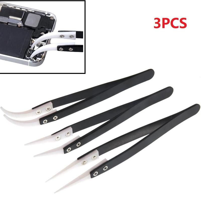 3Pcs Ceramic Tweezers with Black Handle Corrosion-Resistant