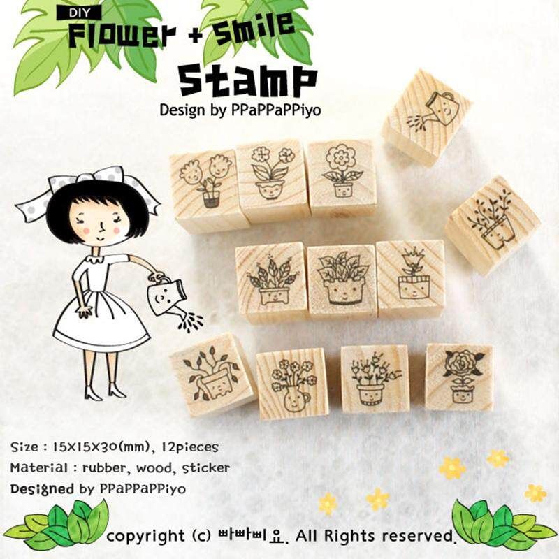 12pcs Creative Cute Cartoon Wooden Seal D.I.Y. Photo Album Stamp Pattern Decoration Group Stationery Gift Apricot