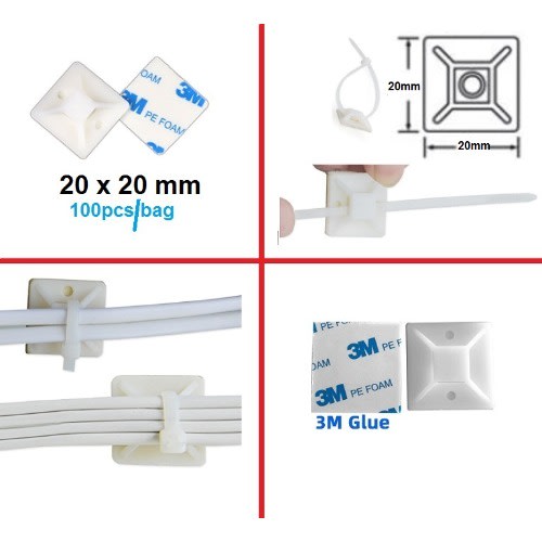 White 20 X 20mm Adhesive Cable Base Zip Tie Mounts