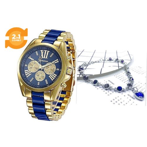 2 In 1 Ladies Wrist Watch With Bracelet- Gold/blue