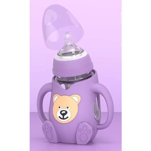Glass Feeding Bottle With Silicone Jacket - Purple