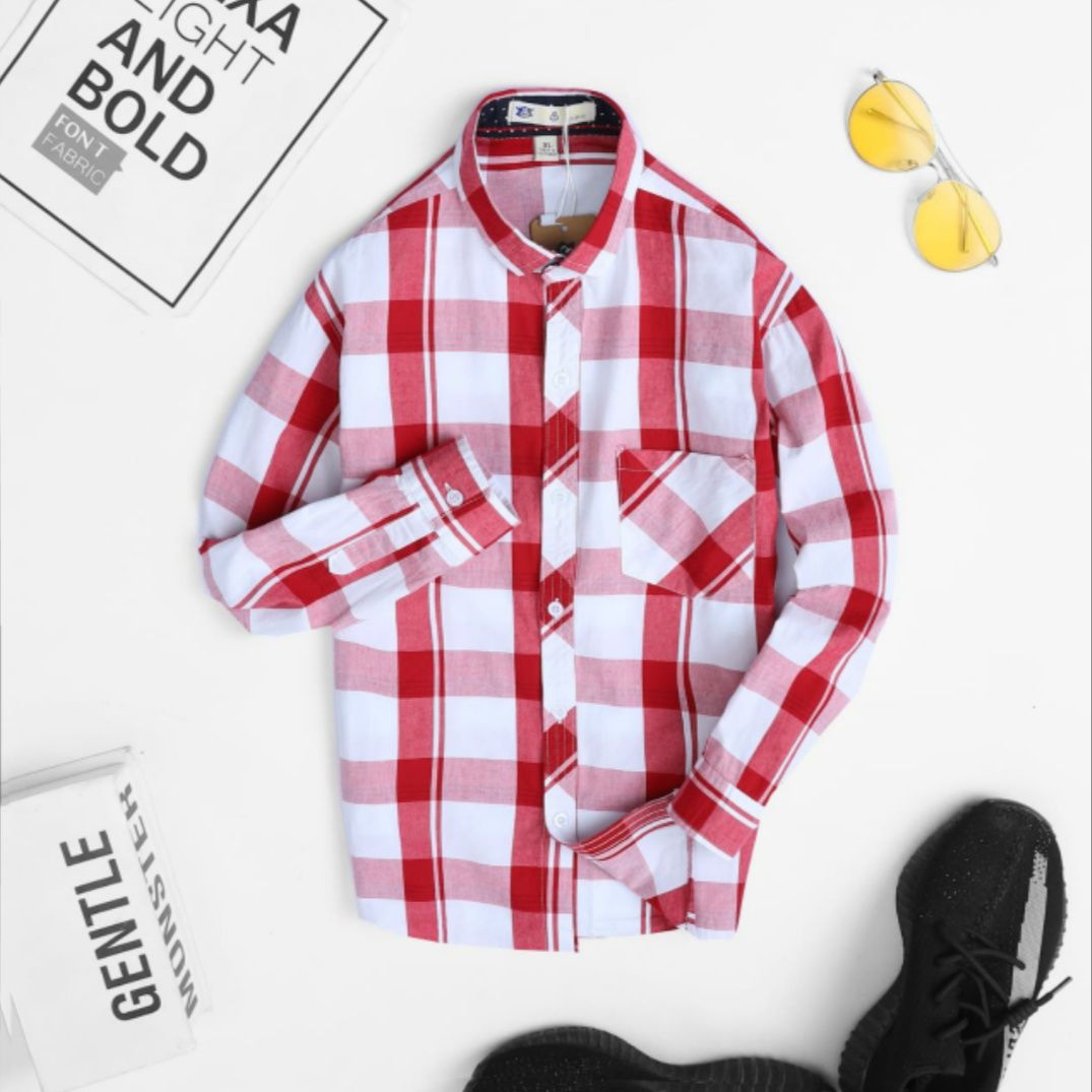 Boy's Cotton Longsleeve Shirt- Red( Size Runs Small)